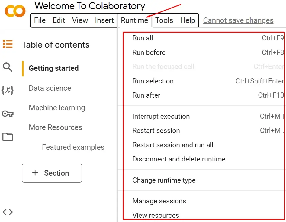 منوی Runtime در Google Colab