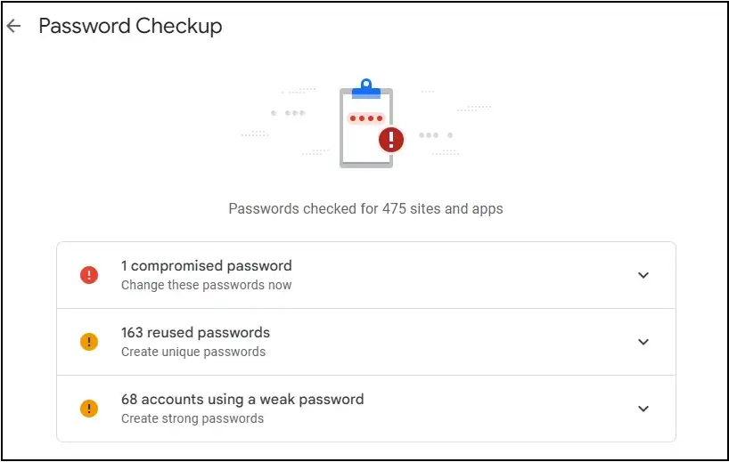 Password Checkup در گوگل پسورد منیجر