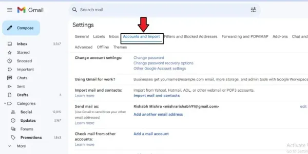 ساخت ایمیل موقت جیمیل - تب Accounts and Import
