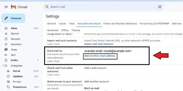 ساخت ایمیل موقت جیمیل - افزودن آدرس جدید در منوی Send mail as