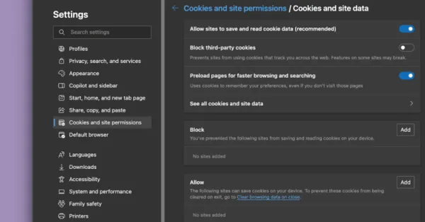 مسدود شدن کوکی در Microsoft Edge
