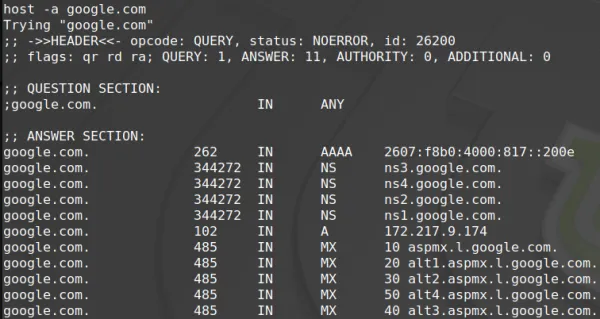 مشاهده تمامی رکوردهای DNS با دستور Host در لینوکس
