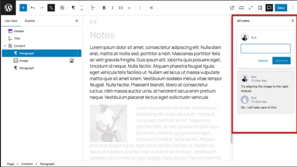ویرایش یادداشت‌ها در وردپرس 6.9