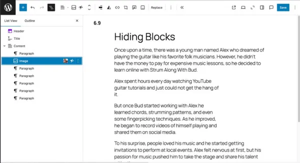 مخفی سازی بلوک ها در وردپرس 6.9