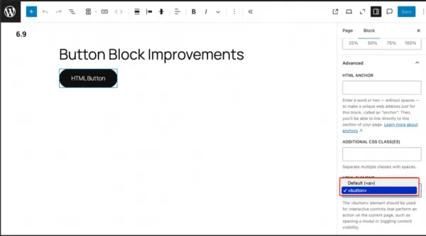 عنصر HTML جدید برای بلوک دکمه در وردپرس 6.9